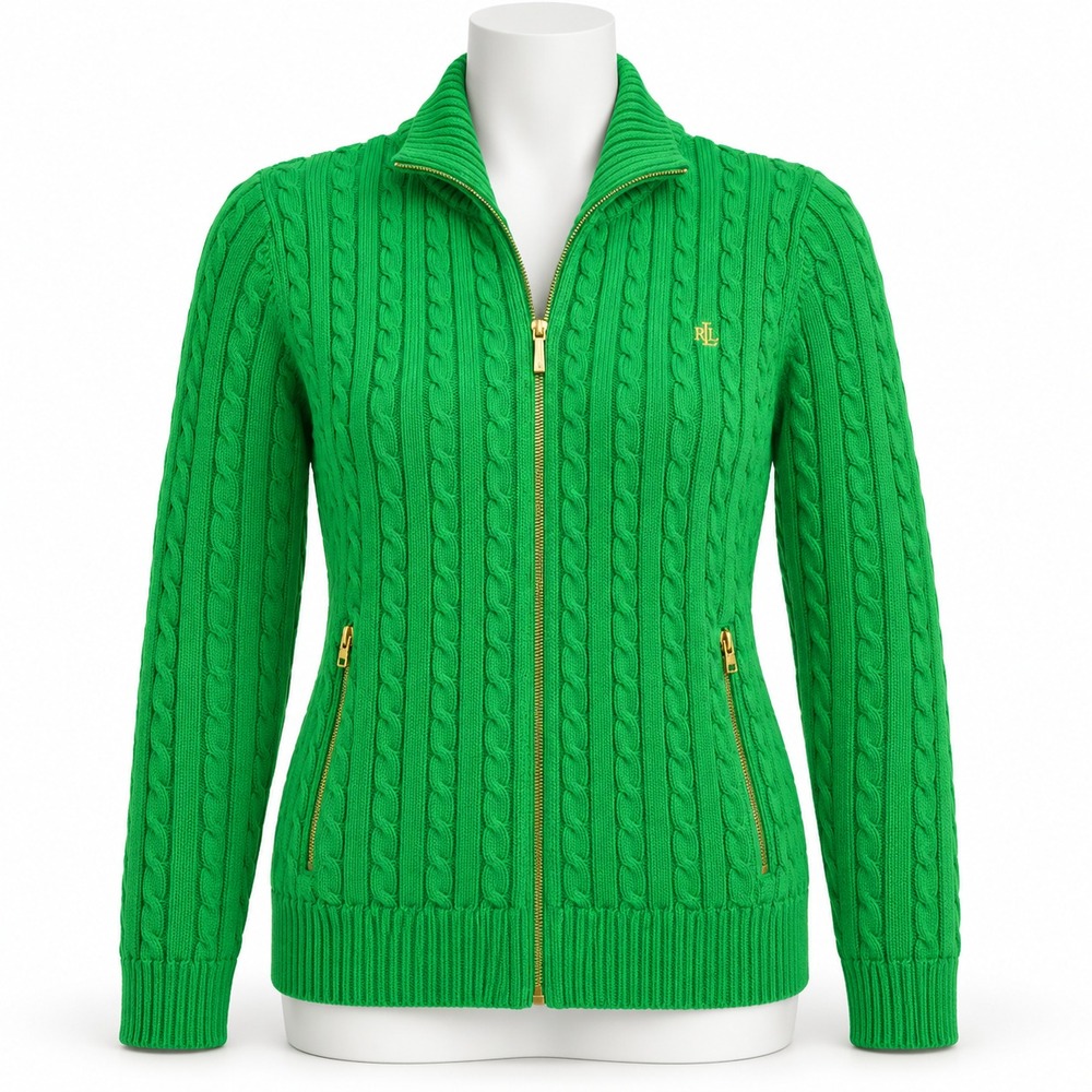 Lauren Ralph Lauren Women L Kelly Green Cable Knit Full Zip Cardigan Cotton